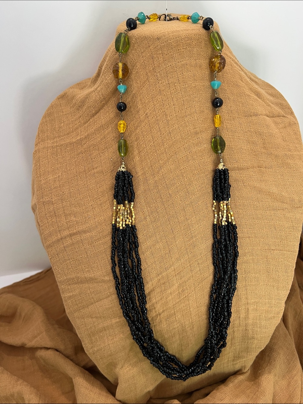 Vintage  Black Beaded Multi-Strand long Necklace with black Gold beaded Accent